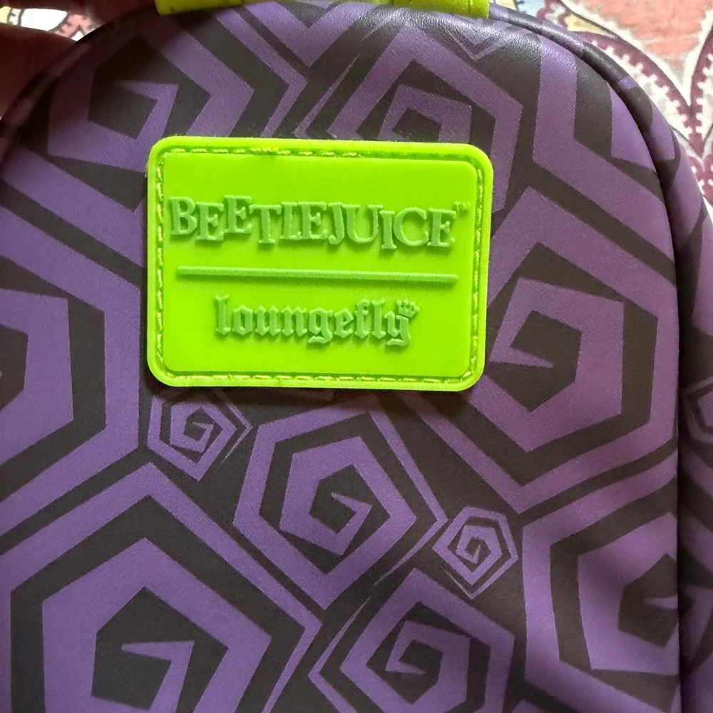Loungefly Beetlejuice Chibi Mini Backpack Sling Bag Purple Green Striped Suit‎
